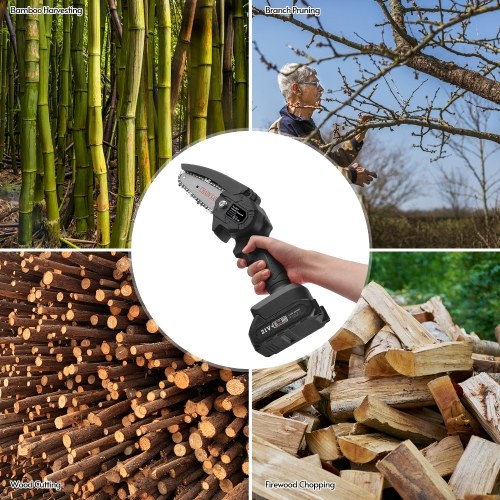 Mini motosega Yuclam Motosega a batteria portatile 4 pollici 21V Motoseghe elettriche Motosega portatile a una mano con luce a LED Paraspruzzi Blocco di sicurezza per la registrazione di alberi da giardino Rifinitura Taglio del legno di cespuglio