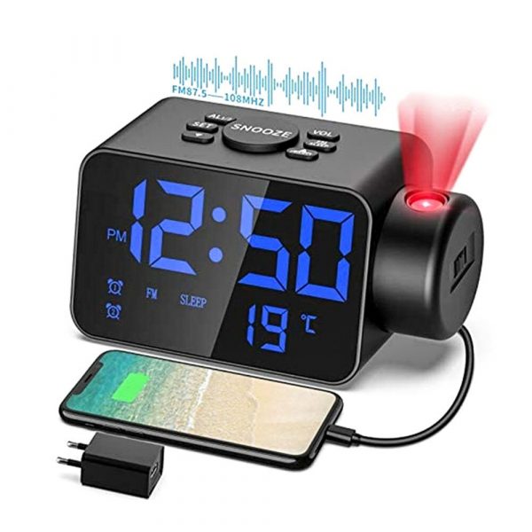 Sveglia a proiezione LED FM Radio Modalità snooze Sveglia elettronica ricaricabile USB Tempo Temperatura Display Orologi