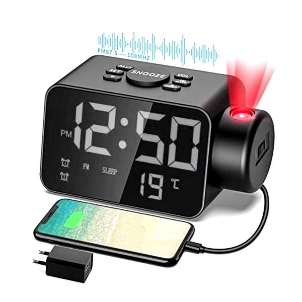 LED Sveglia con proiezione 5" SVEGLIA DIGITALE Dimmerabile SLEEP SNOOZE USB porta di carico 