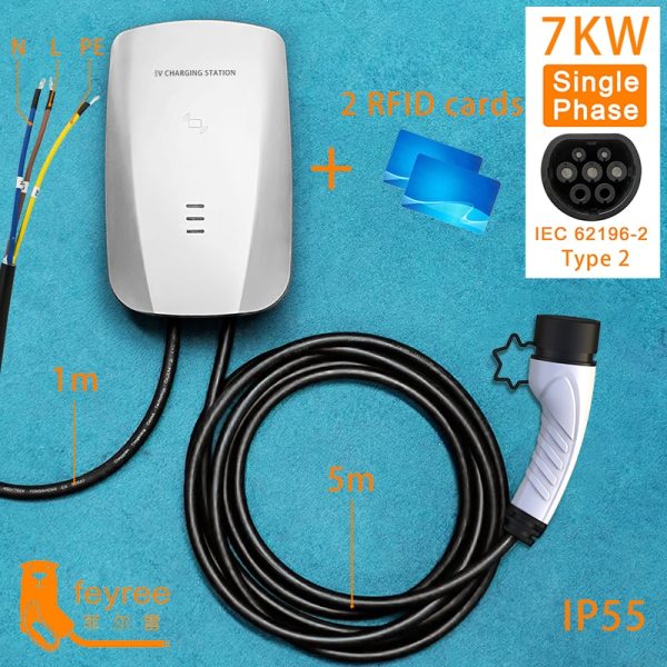 feyree EVSE Wallbox EV Car Charger Electric Vehicle Charging Station 7KW Type 2 Cable 32A 1 Phase IEC62196-2 Adapter Schuko Plug