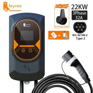 22KW 32A EVSE Wallbox Type2 Cable EV Car Charger Plug 3 Phase Charging Station for Electric Vehicle with Wifi APP Control RFID
