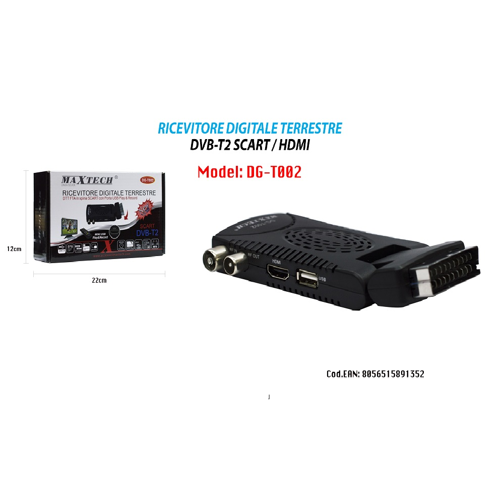 DECODER DIGITALE TERRESTRE HD RICEVITORE TV USB DVB T2 PRESA SCART MAXTECH DG-T002