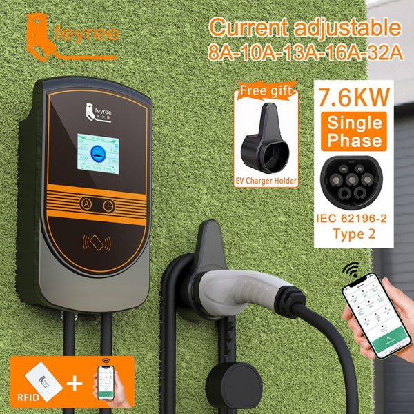 feyree EV Charger Type2 IEC62196-2 Plug 7.6KW 32A 1Phase with App Version Wallbox Charging Station 5m Cable Electric Vehicle Car