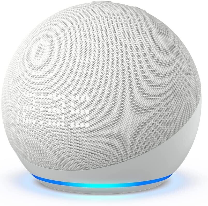 Amazon Echo Dot (5ª generazione) con orologio bianco ghiaccio