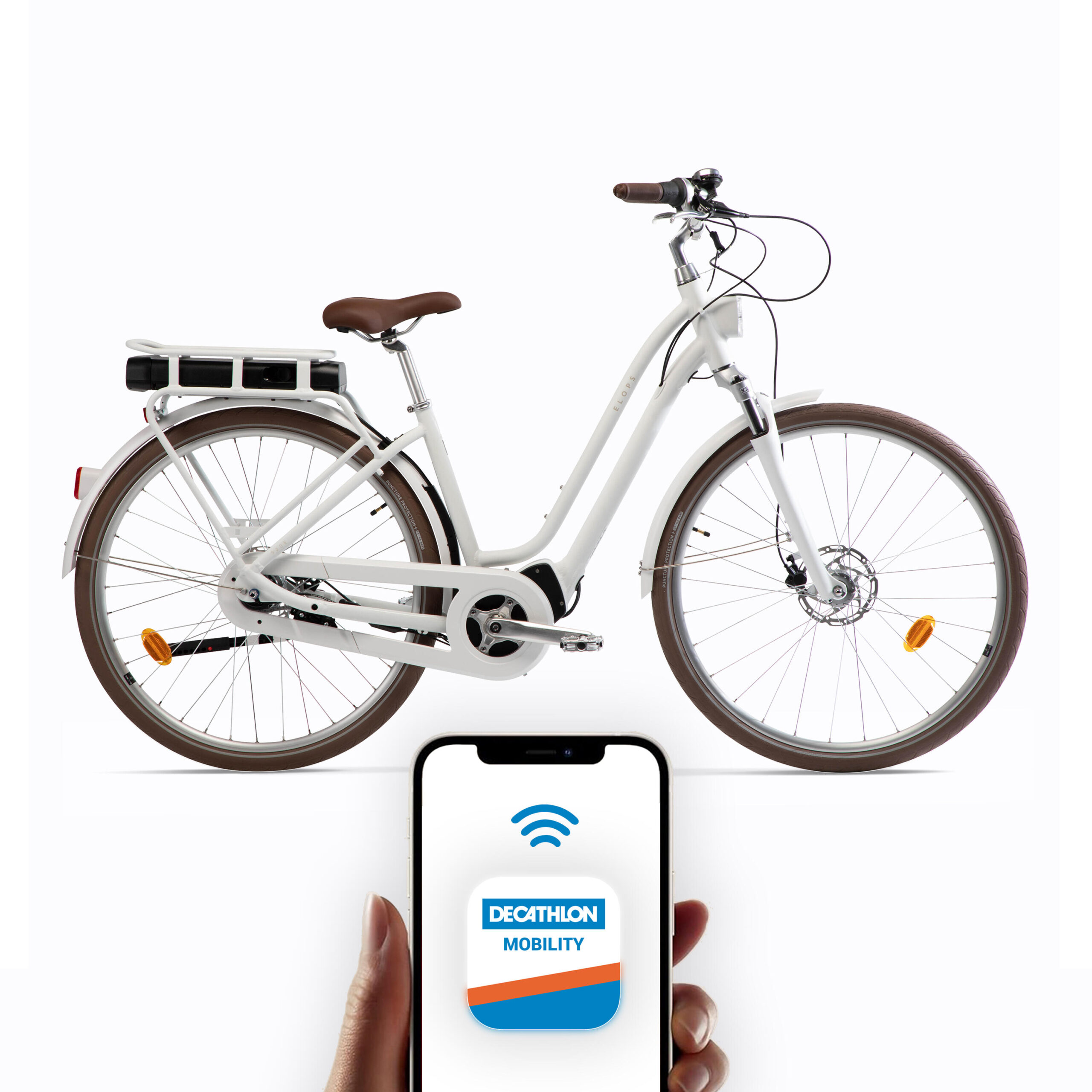 Decathlon | Bici città elettrica a pedalata assistita ELOPS 920E Connect telaio basso bianca | Elops