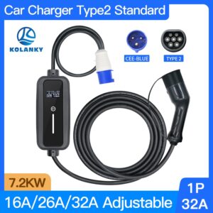 32A 7.2KW Portable EV Charger Wallbox Type2 5M Cable with CEE Plug for Electric Vehicle EVSE Fast Charging Adjustable Current