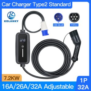 32A 7.2KW Portable EV Charger Wallbox Type2 5M Cable with CEE Plug for Electric Vehicle EVSE Fast Charging Adjustable Current