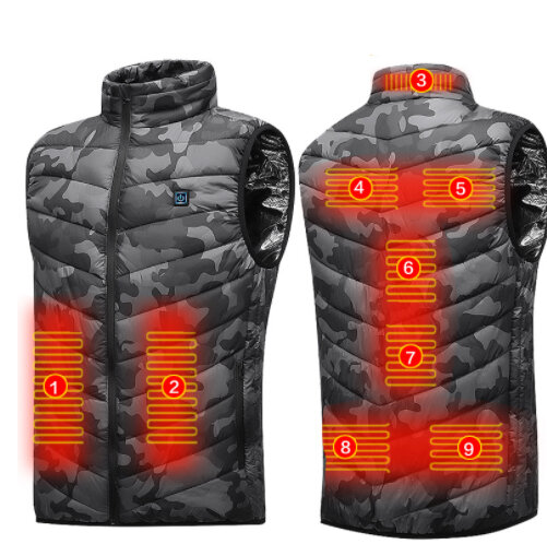Giacche riscaldate mimetiche unisex a 3 marce Abbigliamento termico elettrico USB 9 posti Riscaldamento Gilet caldo inve