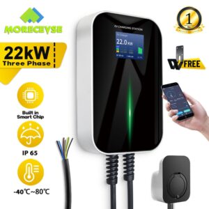 Morec EV Charger Wallbox 22KW WIFI Control Adjust Current EVSE Wallbox Charging Station 32A 3 Phase Type 2 IEC 62196-2 Socket