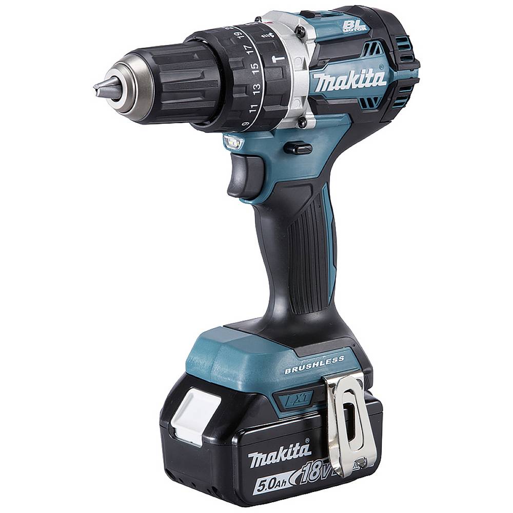 Trapano avvitatore a percussione a batteria a 2 rapporti Makita DHP484T4JB incl. batteria ricaricabile, incl. seconda batteria, incl. terza batteria, incl.