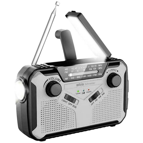 Silva Schneider SOS 112 Radio per esterni FM, AM AUX, AM, FM, USB Funzione di carica della batteria , Manovella, Pannello solare, torcia elettrica ,