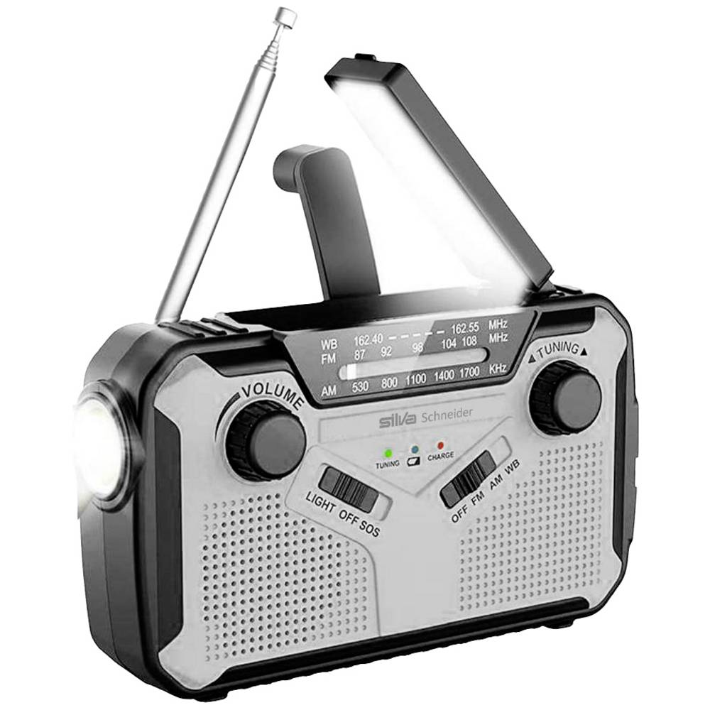 Silva Schneider SOS 112 Radio per esterni FM, AM AUX, AM, FM, USB Funzione di carica della batteria , Manovella, Pannello solare, torcia elettrica ,