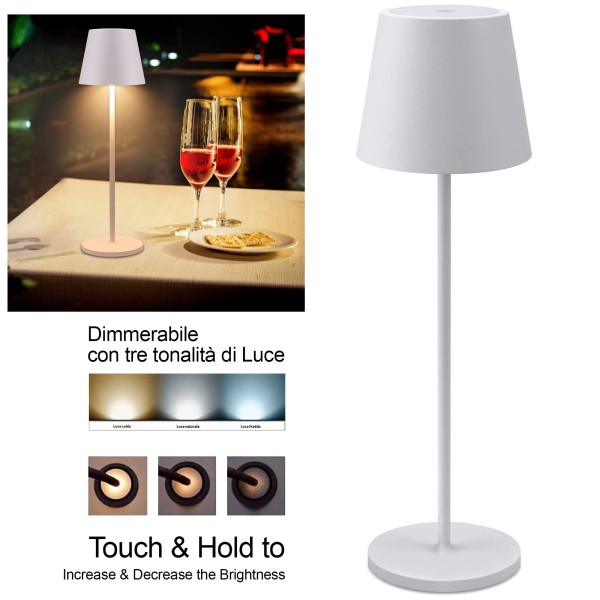 Trade Shop - Lampada Da Tavolo A Led Con Batteria Ricaricabile Touch Dimmerabile 3 Colori Bar Bianco