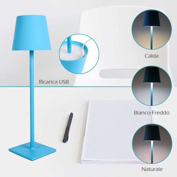 Trade Shop - Lampada Da Tavolo Led Con Batteria Ricaricabile Dimmerabile Calda Fredda Natural Blu