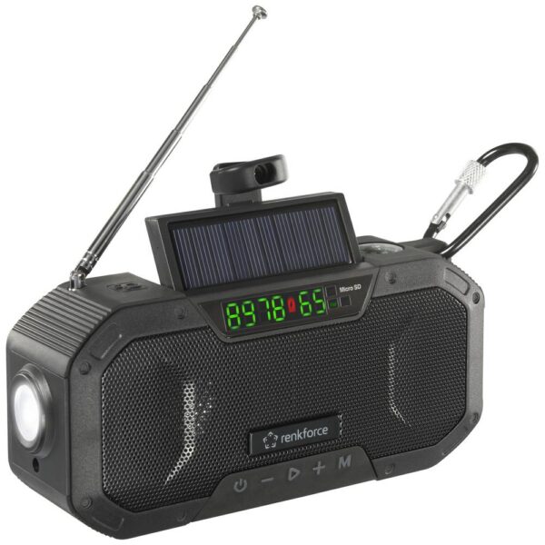 Renkforce RF-CR-300 Radio per esterni FM, AM Bluetooth, SD ricaricabile, Pannello solare, Manovella Nero