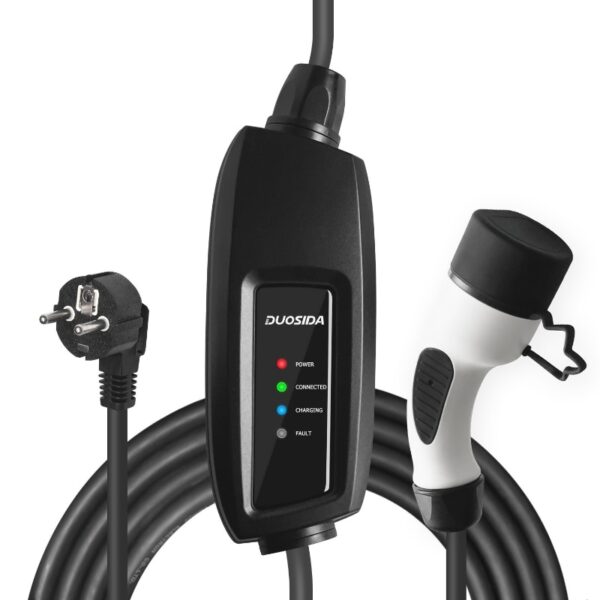 DUOSIDA EV charging cable portable - J1772 Type 2 to schuko with controlbox 16A EVSE Mobile Wallbox 230V 5M