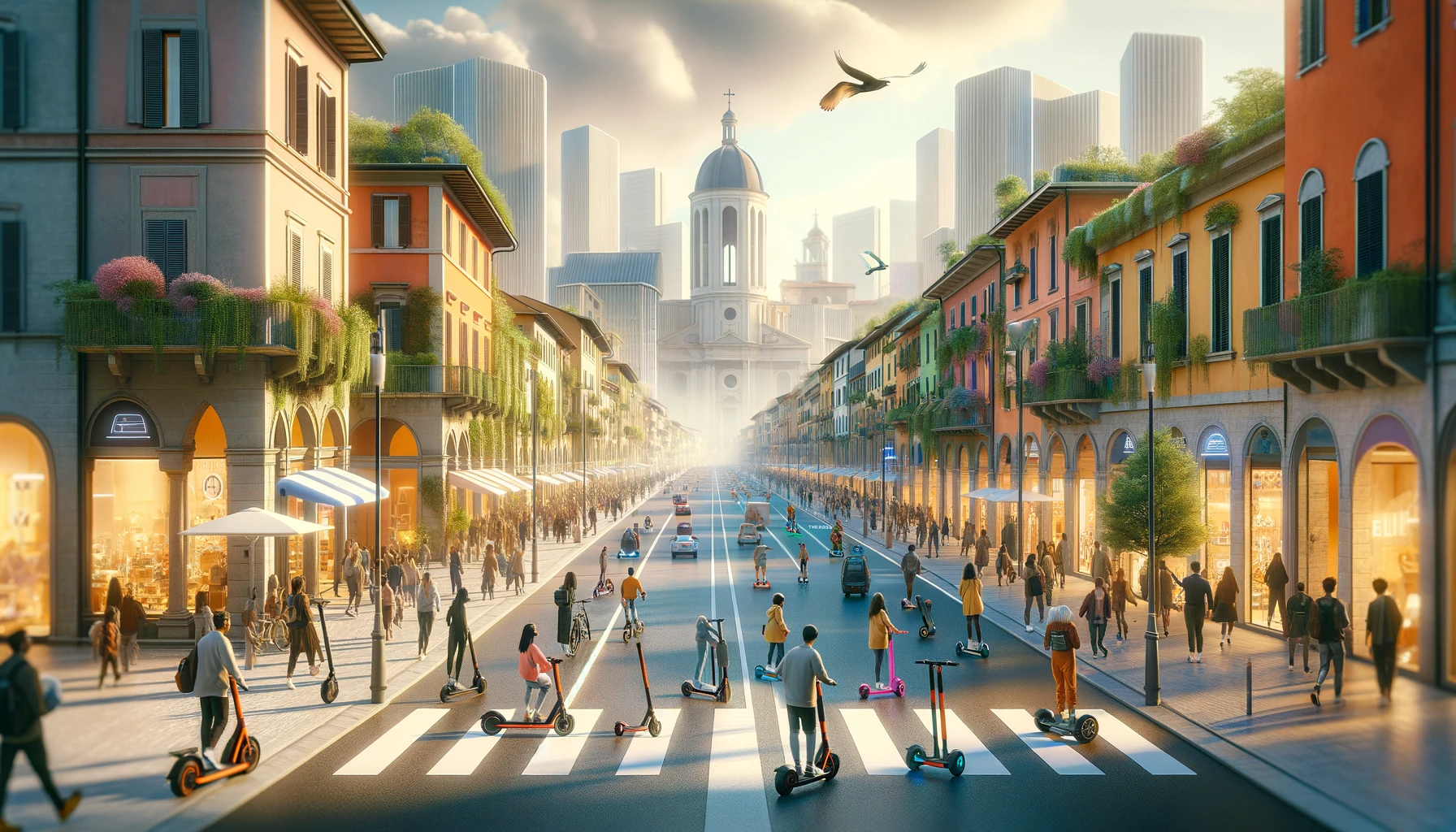 DALL·E 2023-11-30 17.20.20 – Urban landscape in Italy showcasing the rise of electric micromobility in 2023. The image should depict a vibrant Italian city street filled with peop